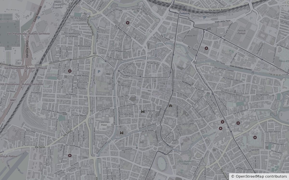 Mappa di Padova con la base di lavoro segnata in centro